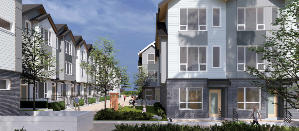 3D mockup of a three-storey townhouse community.