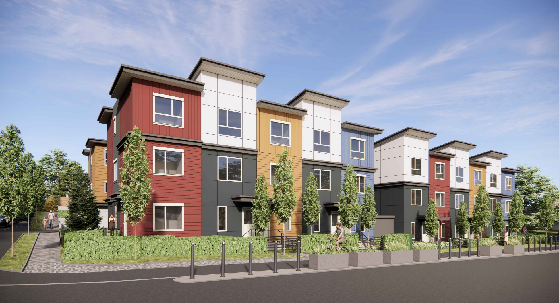 3D mockup of a three-storey townhouse community featuring landscaped surroundings, pedestrian pathways, and driveways.