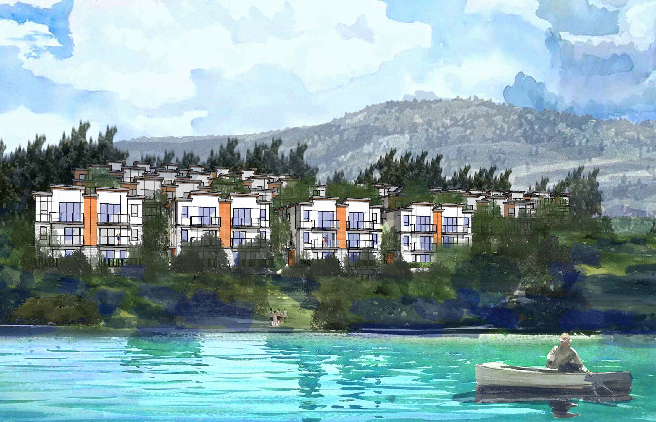 3D mockup of a townhouse community surrounded by landscaped areas and a nearby lake.