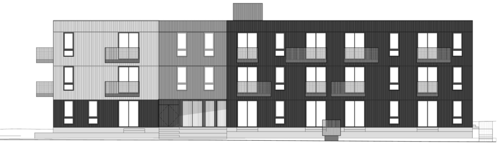 Side façade design of a three-storey apartment building.