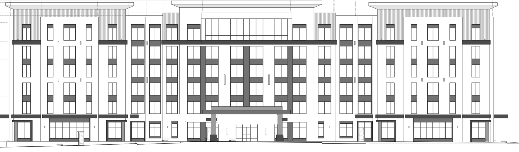 Front facade design of a six-storey hotel building.